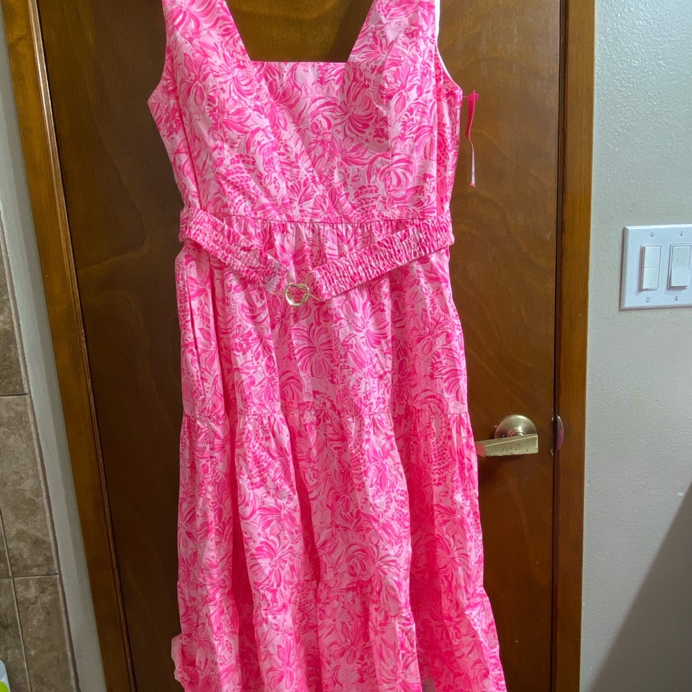 NWOT Lilly Pulitzer McKinnon midi dress pink blossom foxy llama size 14 pockets!